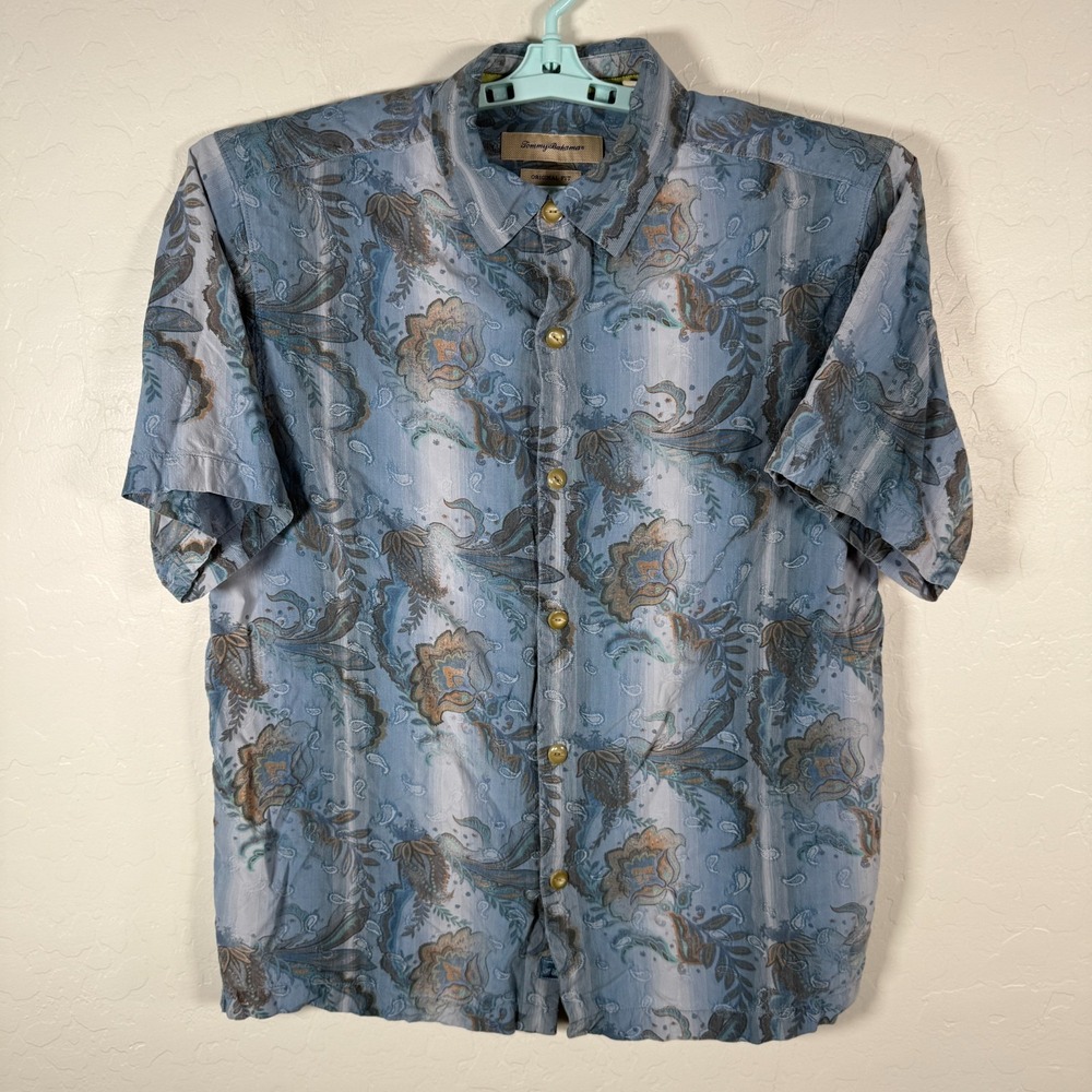 Tommy Bahama Shirt Mens Medium Blue Silk‎ Original Fit Hawaiian Camp Paisley